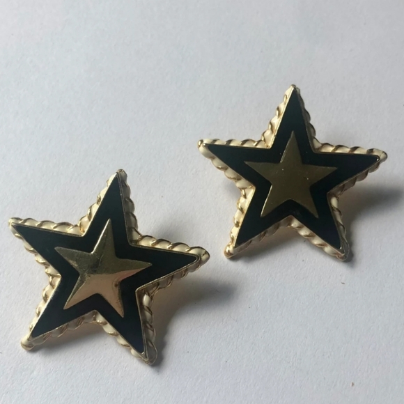 Vintage Pierced Earrings Gold Black Stars - Picture 1 of 2